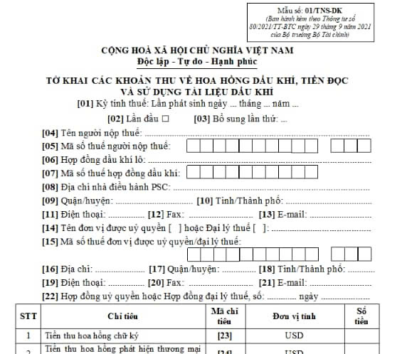 Mẫu Tờ khai các khoản thu về hoa hồng dầu khí, tiền đọc và sử dụng tài liệu dầu khí?