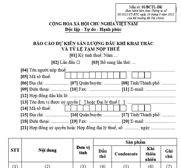 Mẫu báo cáo dự kiến sản lượng dầu khí khai thác và tỷ lệ tạm nộp thuế?