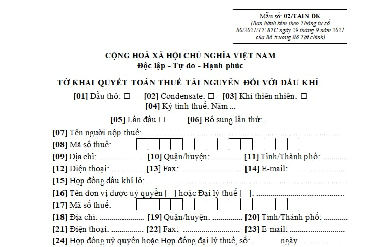 Mẫu Tờ khai quyết toán thuế tài nguyên đối với dầu khí?