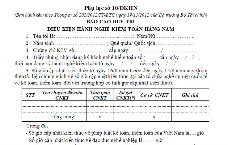Mẫu Báo cáo duy trì điều kiện hành nghề kiểm toán hàng năm mới nhất hiện nay?
