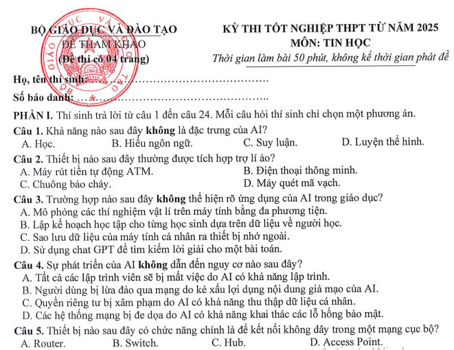 Đề minh họa môn Tin thi tốt nghiệp THPT 2025 có lời giải?