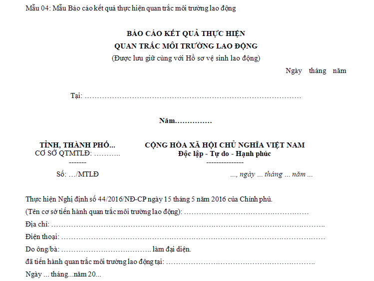 Mẫu Báo cáo kết quả thực hiện quan trắc môi trường lao động