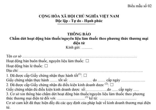 Mẫu thông báo chấm dứt hoạt động kinh doanh thuốc theo phương thức thương mại điện tử