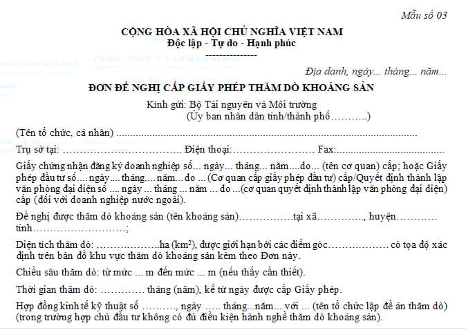 Đơn đề nghị cấp giấy phép thăm dò khoáng sản