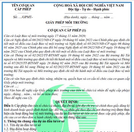 Mẫu giấy phép môi trường