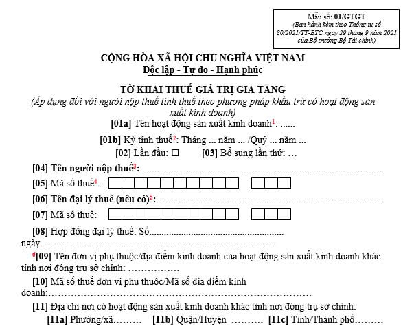 Mẫu tờ khai thuế GTGT