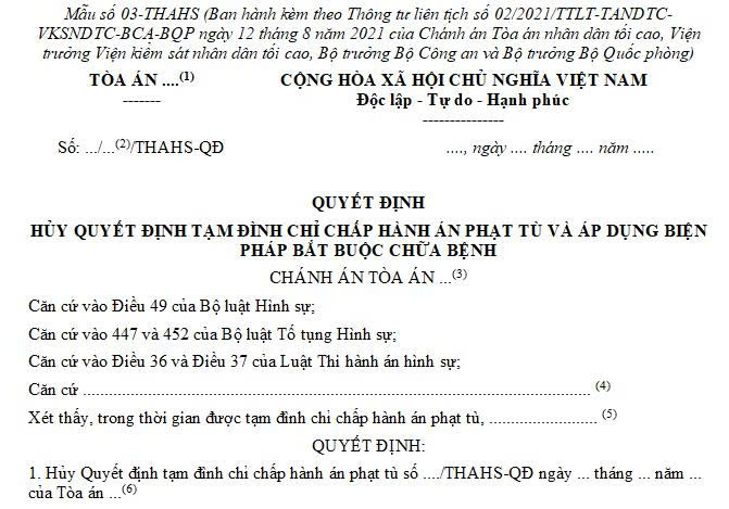 Mẫu Quyết định hủy quyết định tạm đình chỉ chấp hành án phạt tù và áp dụng biện pháp bắt buộc chữa bệnh