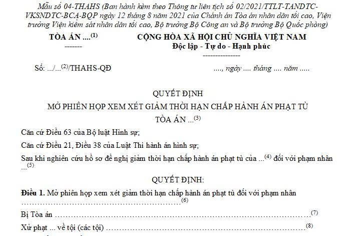 Quyết định mở phiên họp xem xét giảm thời hạn chấp hành án phạt tù