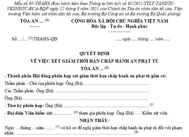 Mẫu Quyết định về việc xét giảm thời hạn chấp hành án phạt tù