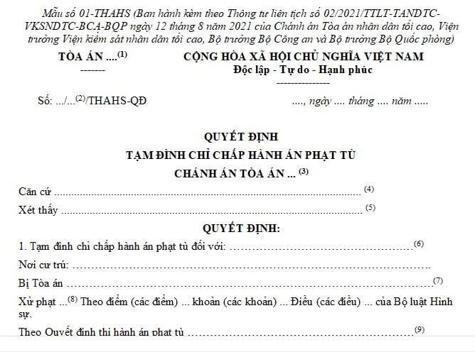 Mẫu Quyết định tạm đình chỉ chấp hành án phạt tù