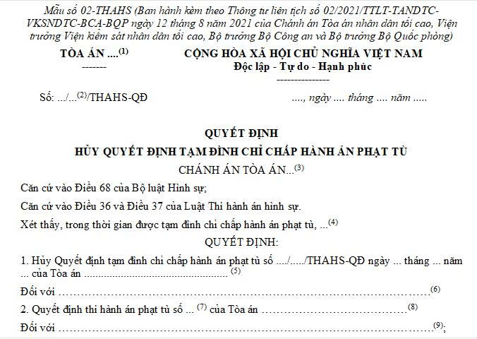 Mẫu Quyết định hủy quyết định tạm đình chỉ chấp hành án phạt tù