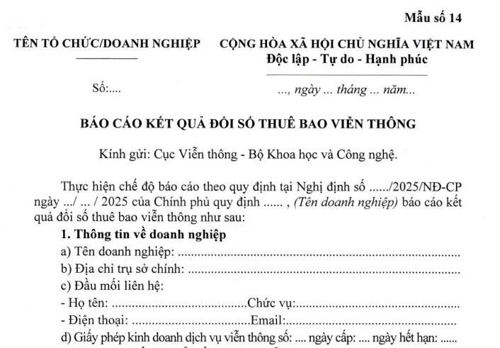 Mẫu Báo cáo kết quả đổi số thuê bao viễn thông