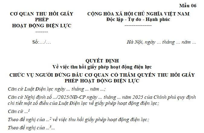 Mẫu Quyết định về việc thu hồi giấy phép hoạt động điện lực