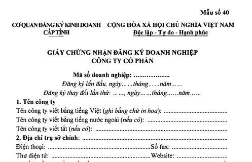 Mẫu Giấy chứng nhận đăng ký doanh nghiệp - Công ty cổ phần