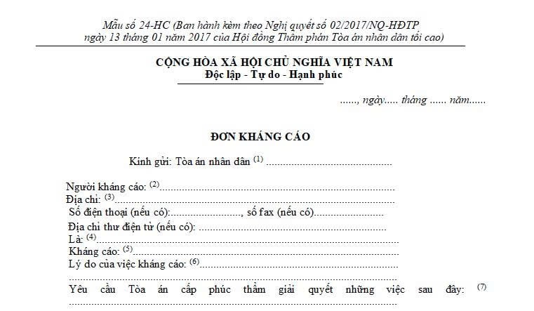 Mẫu đơn kháng cáo hành chính mới nhất