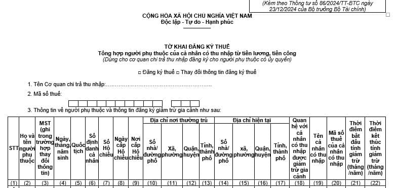 Mẫu tờ khai đăng ký thuế tổng hợp người phụ thuộc