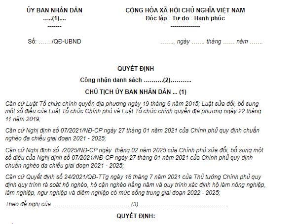 Mẫu quyết định công nhận danh sách người lao động có thu nhập thấp trên địa bàn