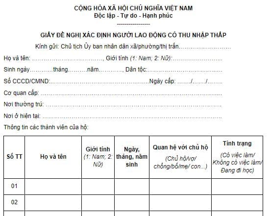 Mẫu giấy đề nghị xác định người lao động có thu nhập thấp