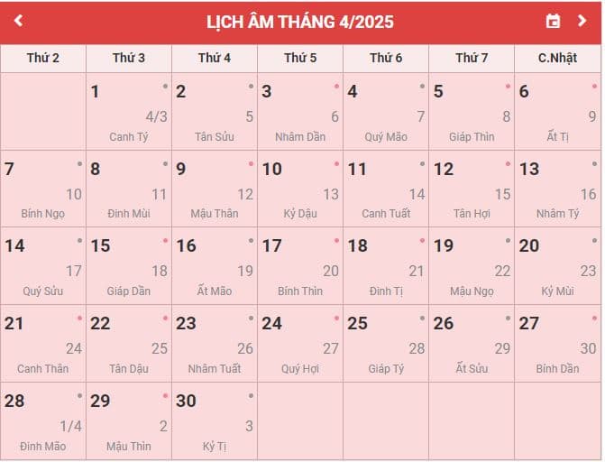 Lịch âm tháng 3 năm 2025