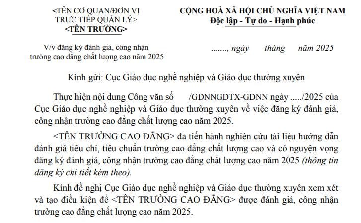 Mẫu đăng ký đánh giá, công nhận trường cao đẳng chất lượng cao năm 2025