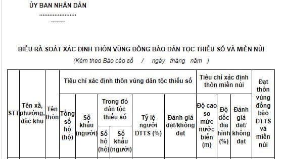 Biểu rà soát xác định thôn vùng đồng bào dân tộc thiểu số và miền núi