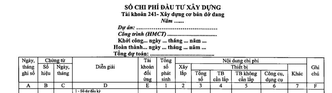 Sổ chi phí đầu tư xây dựng