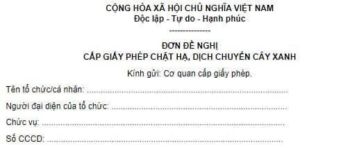 Mẫu Đơn đề nghị cấp giấy phép chặt hạ, dịch chuyển cây xanh