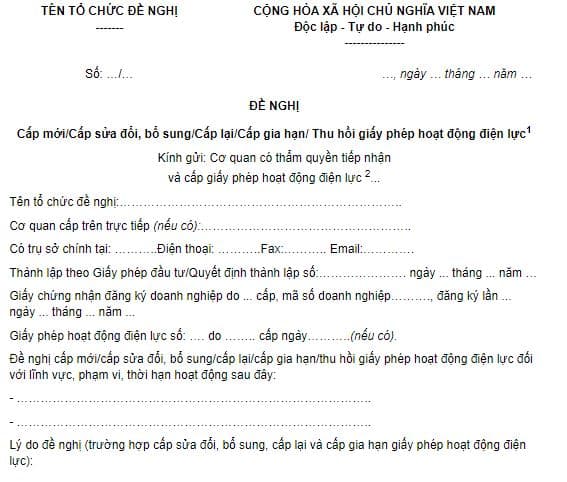 Mẫu đề nghị cấp mới giấy phép hoạt động điện lực