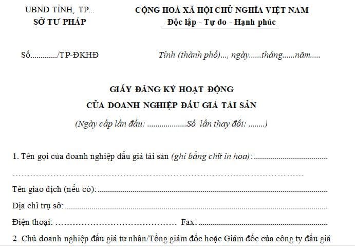 Mẫu giấy đăng ký hoạt động của doanh nghiệp đấu giá tài sản