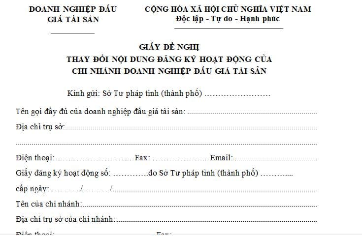 Mẫu giấy đề nghị thay đổi nội dung đăng ký hoạt động của Chi nhánh doanh nghiệp đấu giá tài sản