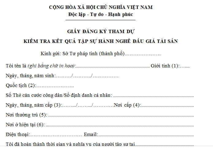 Mẫu giấy đăng ký tham dự kiểm tra kết quả tập sự hành nghề đấu giá tài sản