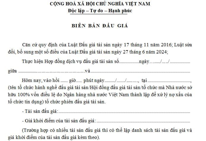 Mẫu biên bản đấu giá tài sản