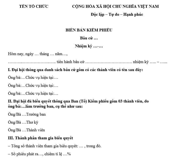 Mẫu biên bản kiểm phiếu bầu cử của Đảng