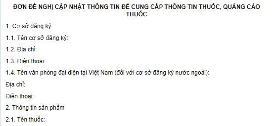 Mẫu đơn đề nghị cập nhật thông tin để cung cấp thông tin thuốc, quảng cáo thuốc