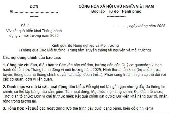 Mẫu báo cáo kết quả thực hiện tháng hành động vì môi trường hưởng ứng Ngày Môi trường Thế giới 2025
