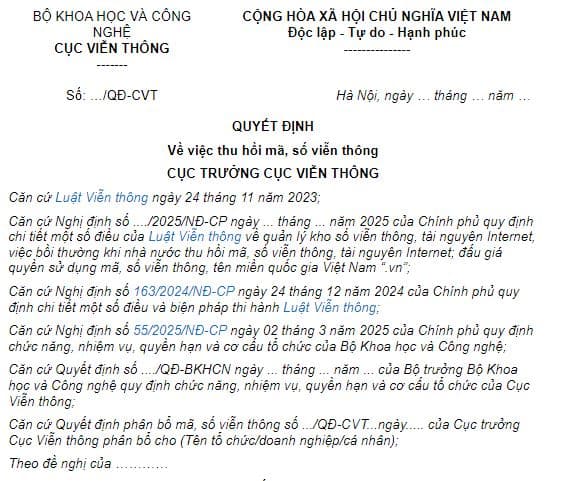 Mẫu quyết định thu hồi mã số viễn thông