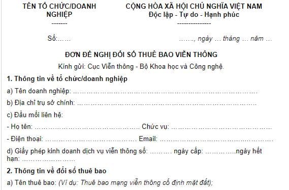 Mẫu đơn đề nghị đổi số thuê bao viễn thông