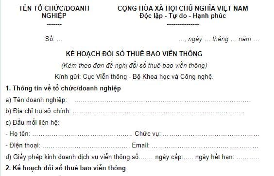 Mẫu kế hoạch đổi số thuê bao viễn thông