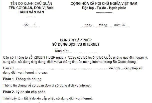 Mẫu đơn xin cấp phép sử dụng dịch vụ Internet trong Quân đội