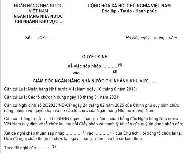 mẫu quyết định chấp thuận sáp nhập quỹ tín dụng nhân dân