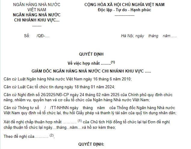 mẫu quyết định chấp thuận hợp nhất quỹ tín dụng nhân dân