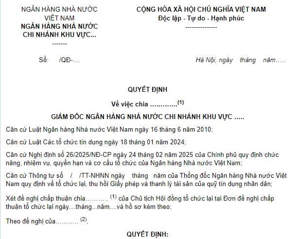 mẫu quyết định chấp thuận chia quỹ tín dụng nhân dân
