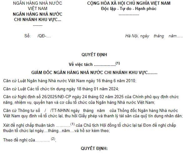 mẫu quyết định chấp thuận tách quỹ tín dụng nhân dân