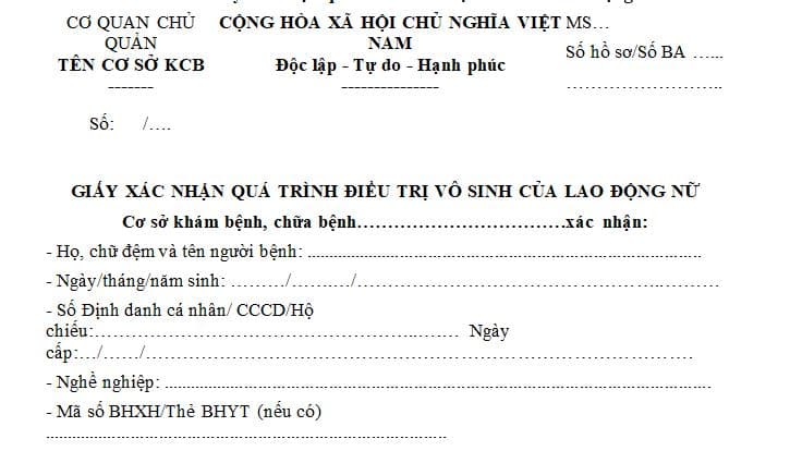 Giấy xác nhận quá trình điều trị vô sinh của lao động nữ