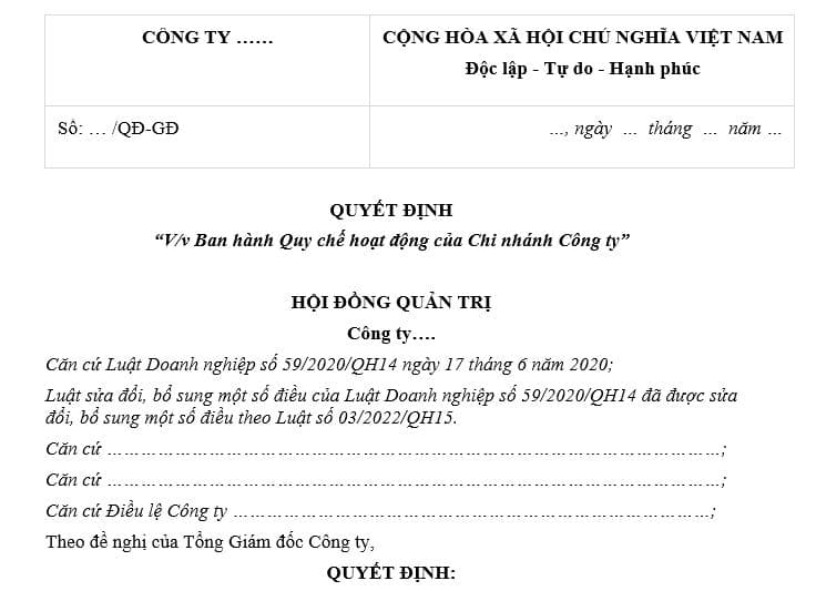 mẫu quy chế hoạt động của chi nhánh công ty