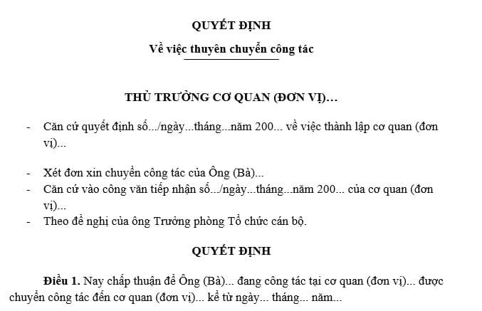 mẫu Quyết định thuyên chuyển vị trí công tác đối với công chức viên chức: