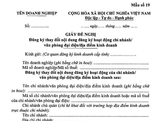 Mẫu Giấy đề nghị đăng ký thay đổi nội dung đăng ký hoạt động chi nhánh/văn phòng đại diện/địa điểm kinh doanh theo Thông tư 68 2025 TT BTC có dạng ra sao?