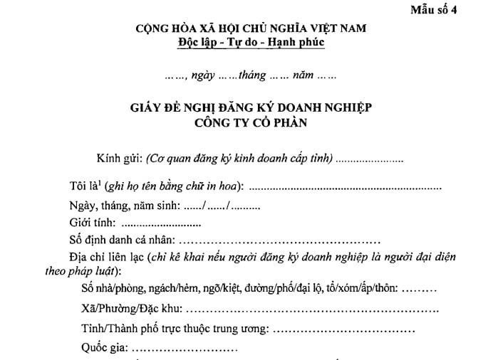 Mẫu giấy đề nghị đăng ký doanh nghiệp Công ty cổ phần theo Thông tư 68 2025 TT BTC có dạng ra sao?
