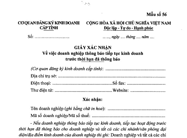 Mẫu giấy xác nhận về việc doanh nghiệp thông báo tiếp tục kinh doanh trước thời hạn đã thông báo theo Thông tư 68 2025 TT BTC có dạng ra sao?