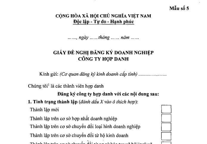 Mẫu giấy đề nghị đăng ký doanh nghiệp Công ty hợp danh theo Thông tư 68 2025 TT BTC có dạng ra sao?